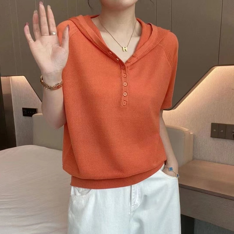 清仓捡漏专柜撤回外贸女装夏季连帽短袖t恤宽松半袖冰丝针织上衣