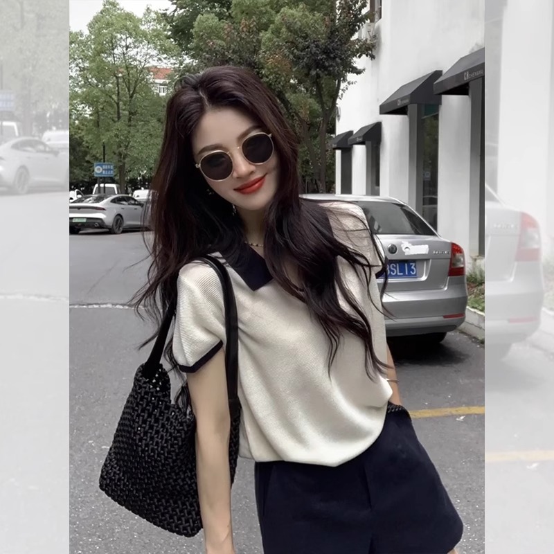Polo衫冰丝针织短袖t恤女夏季