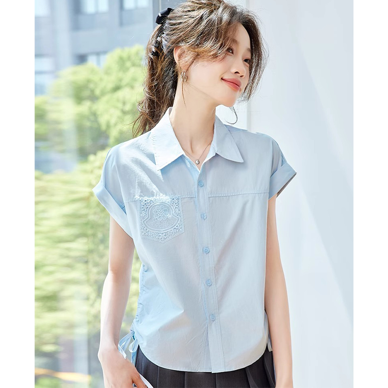 别致口袋蕾丝短袖衬衣女2025夏季设计感宽松系带衬衫法式气质上衣