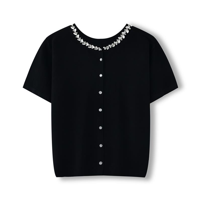 春夏新款圆领镶钻短袖冰丝开衫女宽松短款高级外搭配裙子黑色上衣