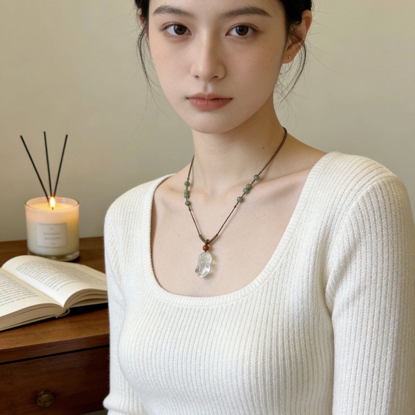九姨太「纳福聚财」好运白水晶貔貅串珠玉石新中式贵气项链毛衣链
