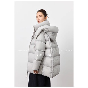 白鹅绒羽绒服女冬季感中长款连帽宽松泡芙女款鹅绒服外套厚雅黑