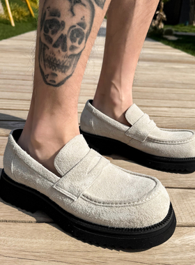 【帽子先森】灰色老钱风乐福鞋男牛反绒一脚蹬圆头复古牛皮鞋潮鞋