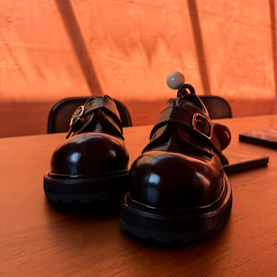 超柔软搭扣孟克鞋黑色大头牛皮鞋