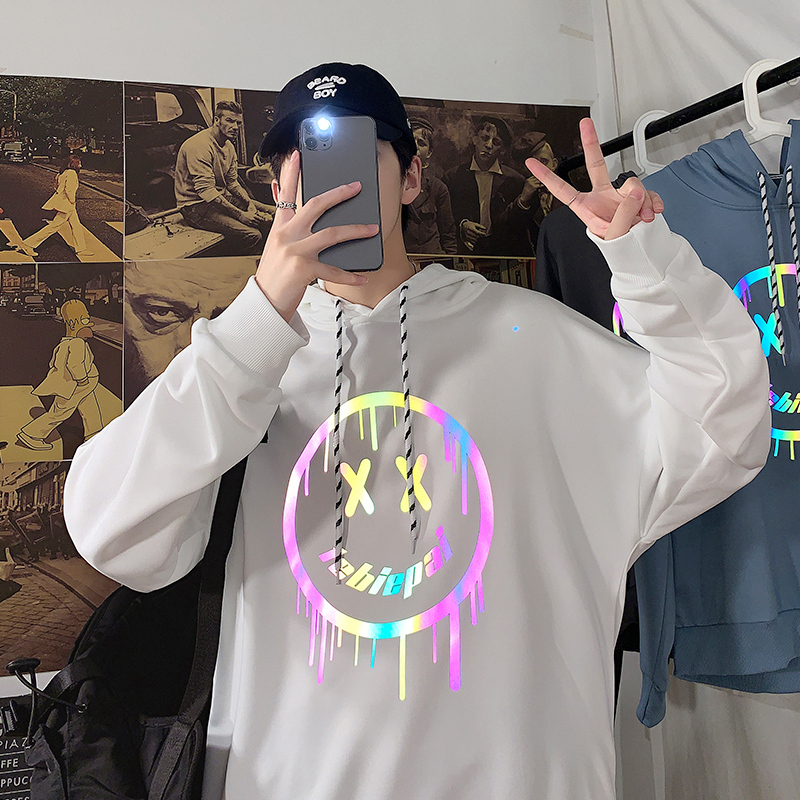 Autumn new smiling face print hooded Pullover Sweater men's Hong Kong Style loose top