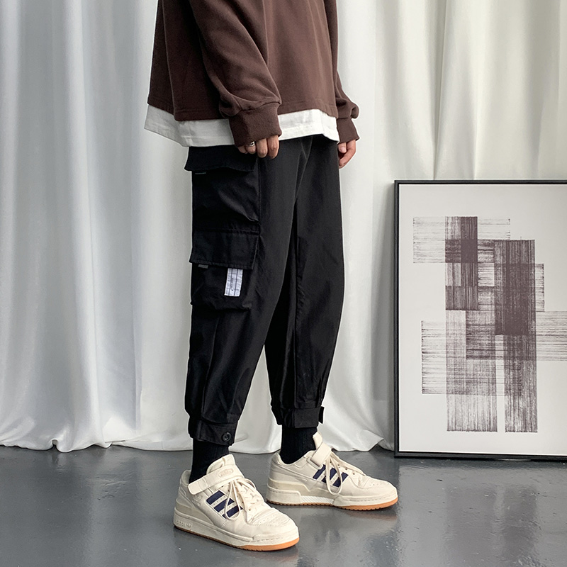 Autumn new Hong Kong Style loose style overalls men's Multi Pocket legged casual pants for men