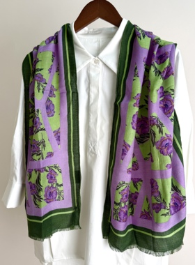 紫色绿边花卉丝毛大长巾秋冬时尚通勤百搭大方巾围巾丝巾60*180cm