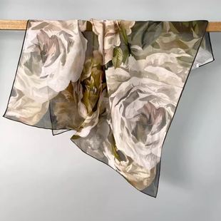 轻薄柔软亲肤纯手工精卷边 故事65cm丝棉中小方巾春秋季 新款 玫瑰