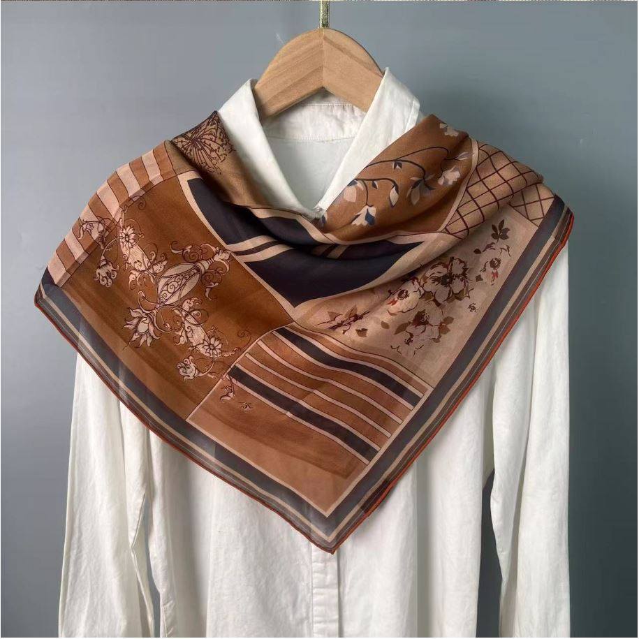 十六宫格65cm真丝薯莨纱中方巾100桑蚕丝真丝小丝巾秋冬季新款