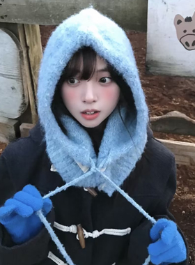 蓝色巴拉克拉法帽女秋冬帽子围脖一体羊毛混纺针织保暖护耳包头帽