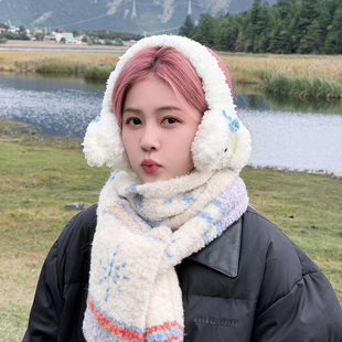 白鹿同款白色可爱小狗绑带耳罩可爱毛绒冬季护耳保暖防寒耳套耳捂