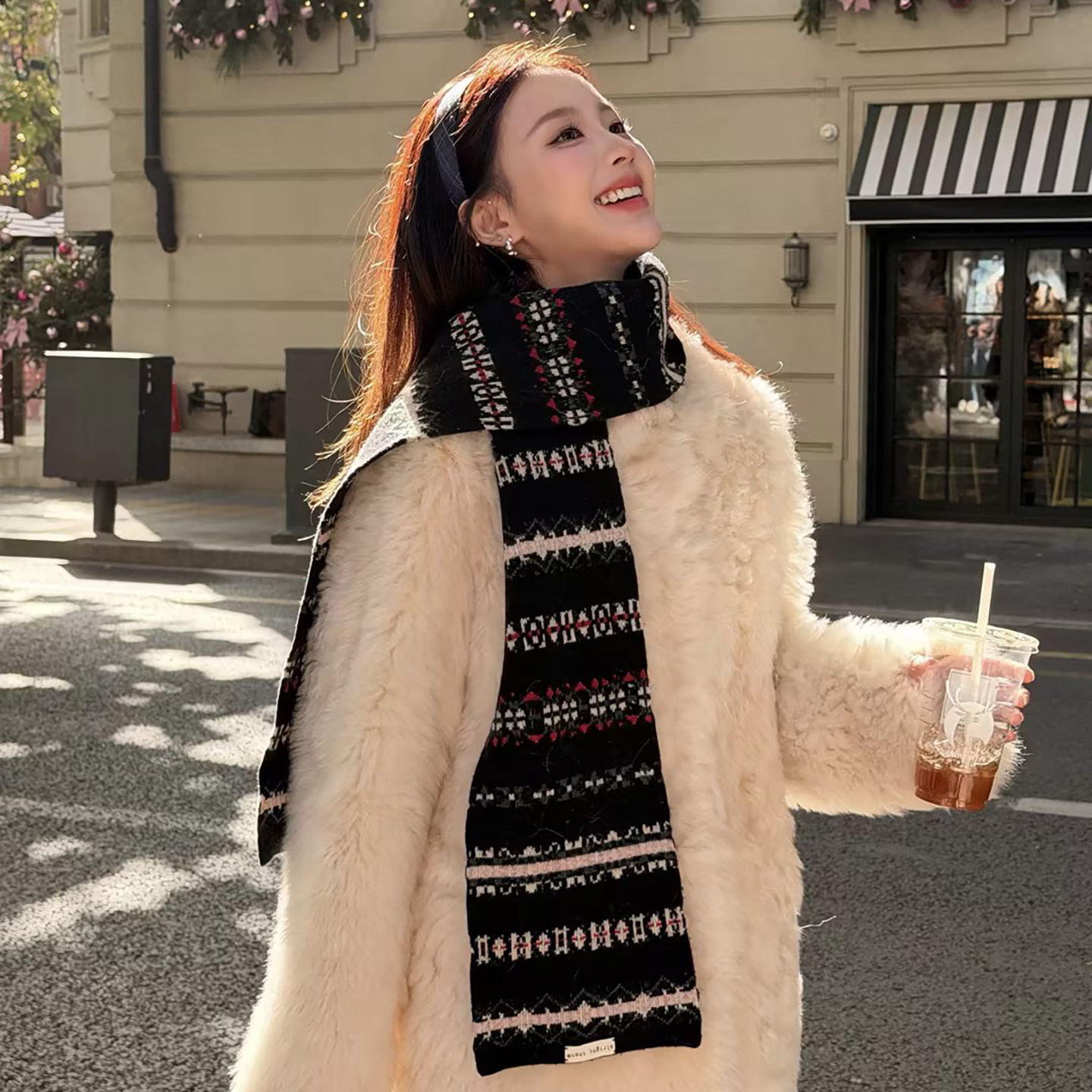 复古费尔岛风提花条纹针织围巾女冬季2025新款百搭保暖护颈围脖潮