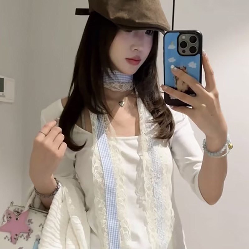蓝色蕾丝格纹拼接飘带丝巾女长款系脖脖饰高级感丝带领带腰带配饰图片