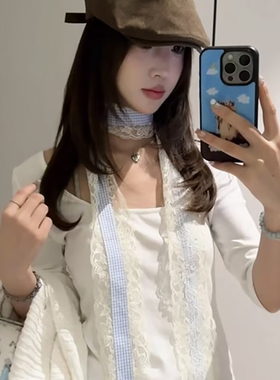 蓝色蕾丝格纹拼接飘带丝巾女长款系脖脖饰高级感丝带领带腰带配饰