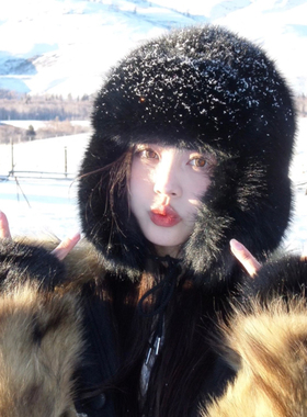 东北防寒黑色仿皮草毛绒帽子女2025新款冬季加厚保暖护耳雷锋帽