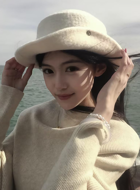 千金风~赫本风卷边白色礼帽子女秋冬贵气名媛风优雅气质渔夫帽潮