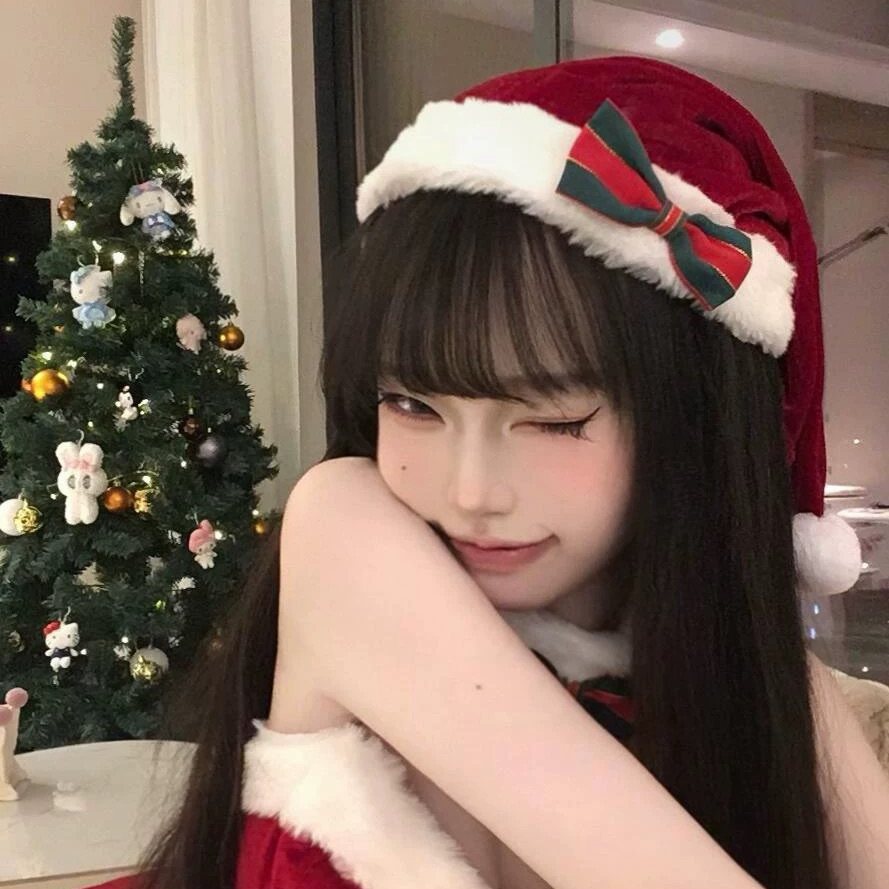 圣诞节氛围感红色格纹蝴蝶结圣诞帽装扮头饰帽子cos拍照道具配饰