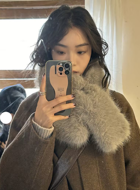 韩版灰色毛绒毛领围巾女冬季仿狐狸毛皮草高级感护颈保暖加厚围脖