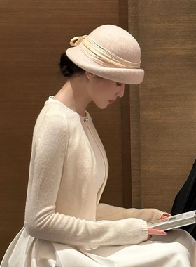 法式复古优雅羊毛呢贝雷帽女秋冬千金名媛风蝴蝶结卷边小礼帽盆帽