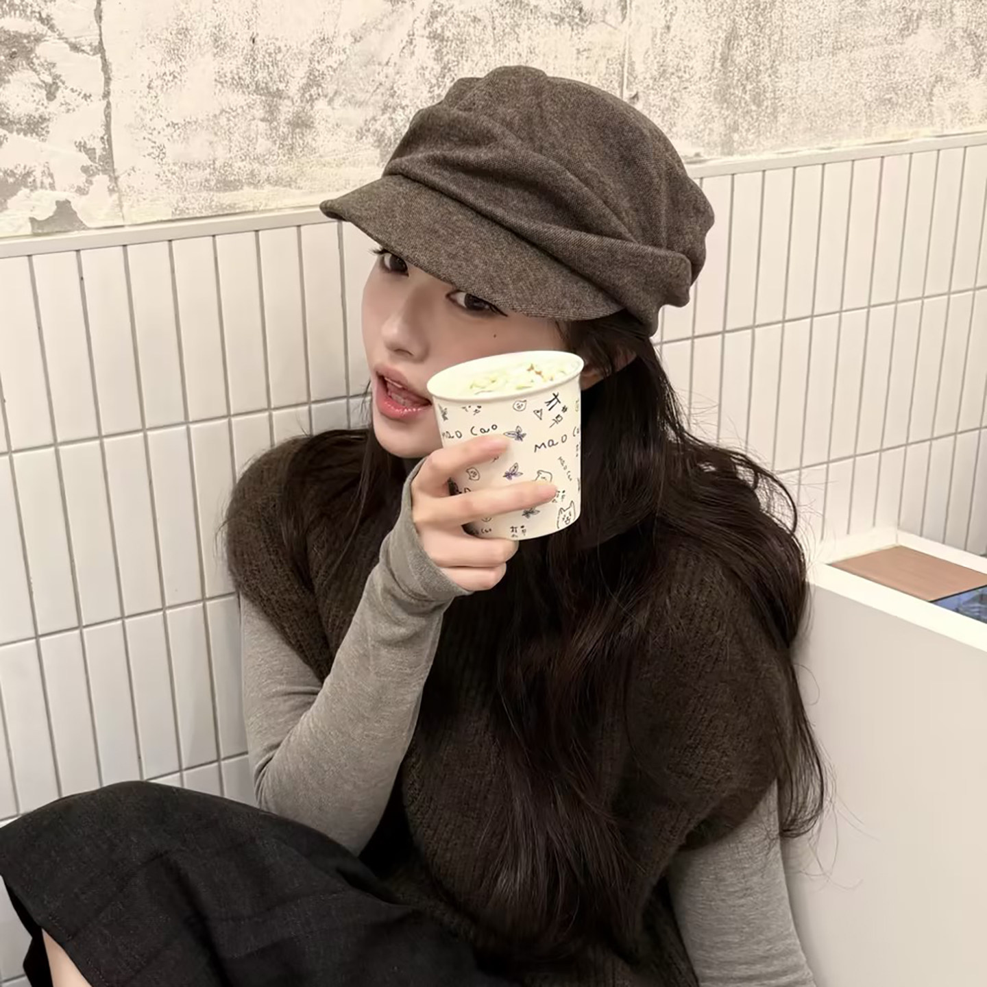 日系褶皱山本风羊毛混纺马术帽女秋冬季小众文艺平顶鸭舌报童帽子