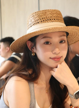 法式复古老钱风镂空平顶草帽女夏季度假风大帽檐防晒遮阳帽礼帽