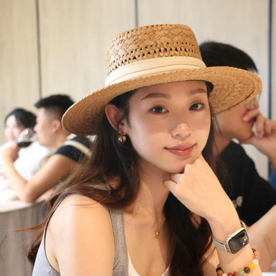 法式复古老钱风镂空平顶草帽女夏季度假风大帽檐防晒遮阳帽礼帽