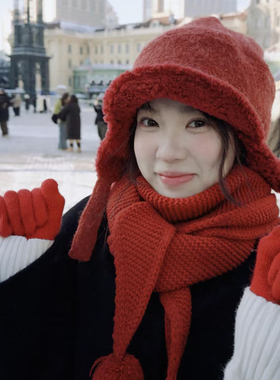 新年红色羊羔绒雷锋帽女冬季户外加厚保暖防冻护耳显脸小飞行帽子