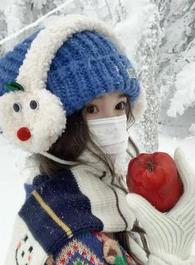 韩版ins蓝色针织帽子女秋冬2024新款加厚保暖护耳大头围毛线冷帽