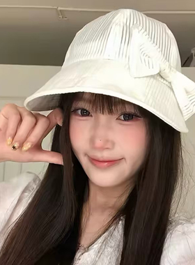 甜美可拆卸蝴蝶结条纹渔夫帽女夏季休闲百搭显脸小鸭舌帽遮阳帽子