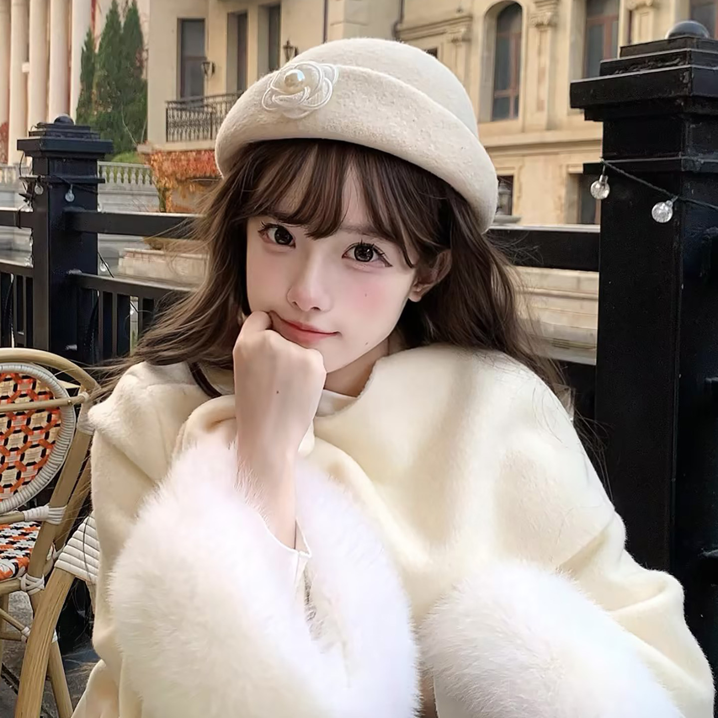 法式千金风山茶花珍珠礼帽女秋冬赫本风显脸小贝雷帽气质优雅盆帽