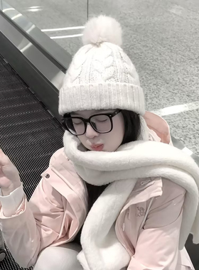白色毛球针织帽子女冬季保暖防寒百搭毛线帽防风护耳包头冷帽潮