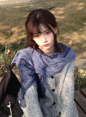 复古文艺藏蓝色腰果碎花围巾女早春氛围感褶皱棉麻长款丝巾披肩