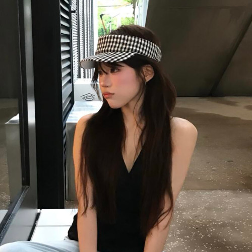 韩版黑白棋盘格纹空顶帽女夏季户外百搭防晒鸭舌帽显脸小遮阳帽子