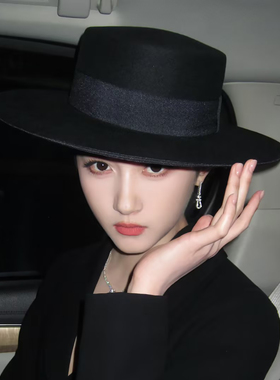 关晓彤同款！法式黑色平顶毛呢礼帽女时尚高级感英伦风爵士帽子