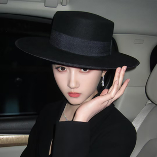 关晓彤同款！法式黑色平顶毛呢礼帽女时尚高级感英伦风爵士帽子