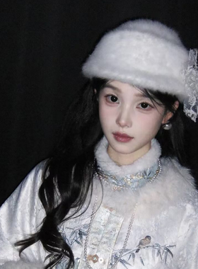 法式白色蕾丝玫瑰花朵礼帽女冬季赫本风毛绒贝雷帽子千金气质盆帽