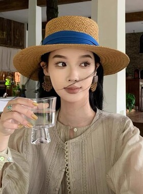 法式复古老钱风草编平顶草帽女夏季出游度假风防晒遮阳帽气质礼帽