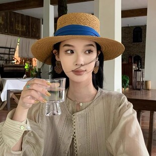 法式复古老钱风草编平顶草帽女夏季出游度假风防晒遮阳帽气质礼帽