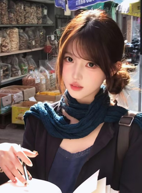 古早感蓝色文艺棉麻褶皱围巾女春夏季川西旅游氛围感薄款丝巾披肩