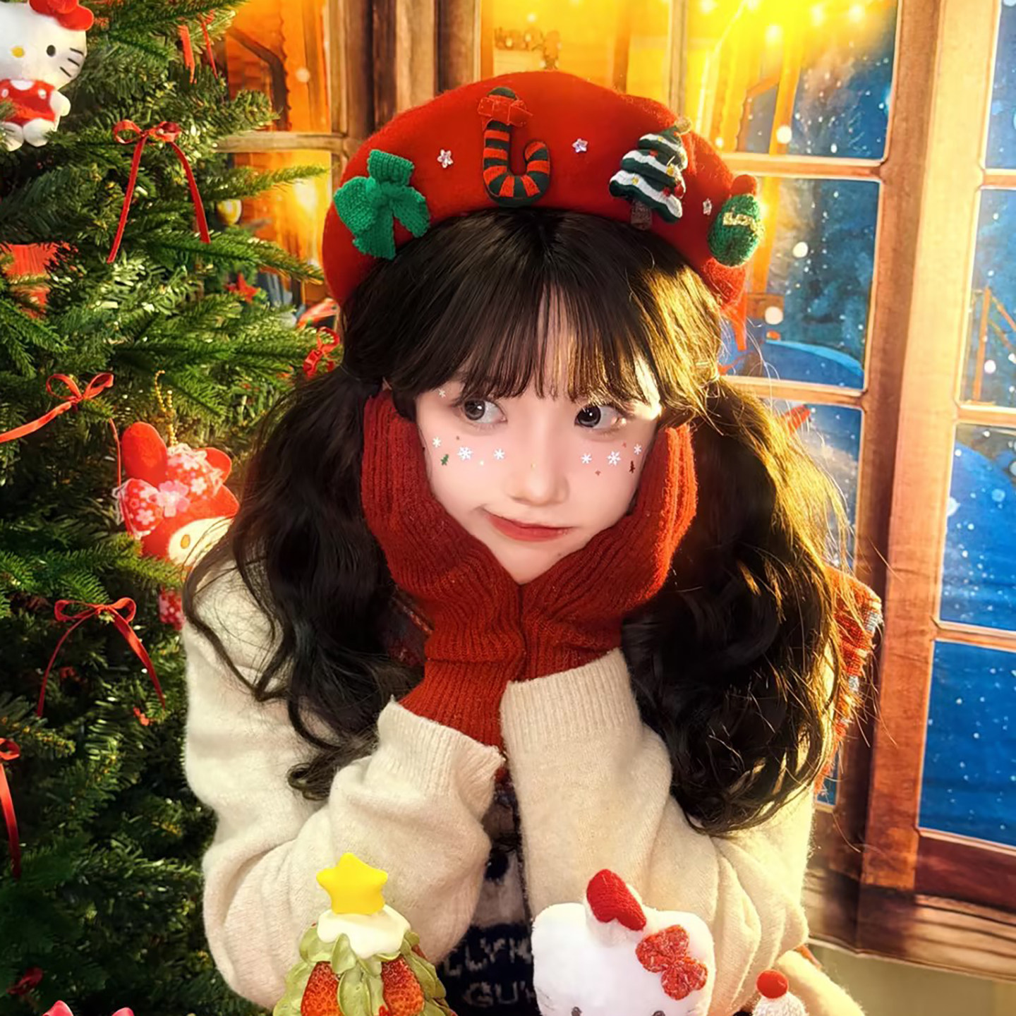 圣诞节氛围感红色毛呢贝雷帽女秋冬保暖节日装扮头饰可爱画家帽