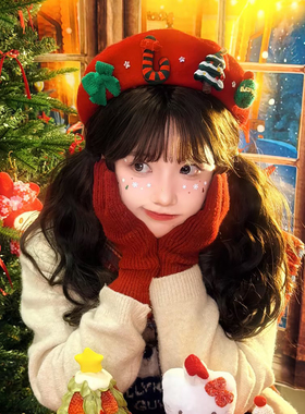 圣诞节氛围感红色毛呢贝雷帽女秋冬保暖节日装扮头饰可爱画家帽