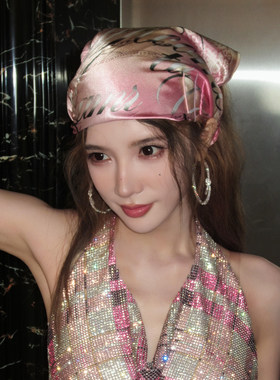 y2k甜酷辣妹渐变粉色印花头巾