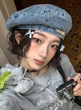 日系复古蓝色牛仔贝雷帽女2025新款显脸小八角帽英伦风时尚报童帽