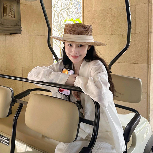 法式复古老钱风平顶编织草帽女夏季海边度假防晒遮阳帽子沙滩礼帽