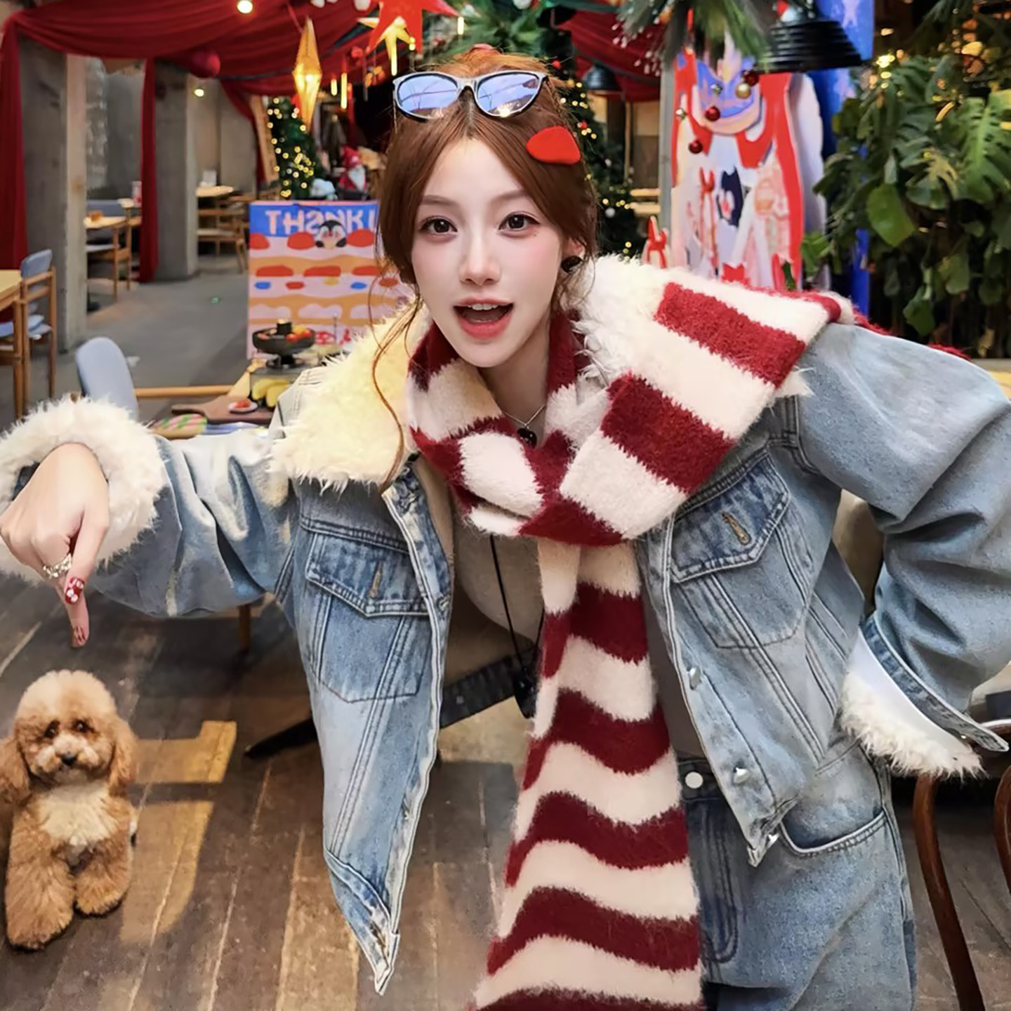 新年圣诞氛围感~红色条纹流苏针织围巾女冬季保暖百搭护颈围脖潮