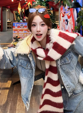 新年圣诞氛围感~红色条纹流苏针织围巾女冬季保暖百搭护颈围脖潮