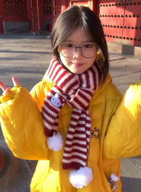 三丽鸥正版HelloKitty可爱卡通红色条纹围巾女冬加厚保暖针织围脖