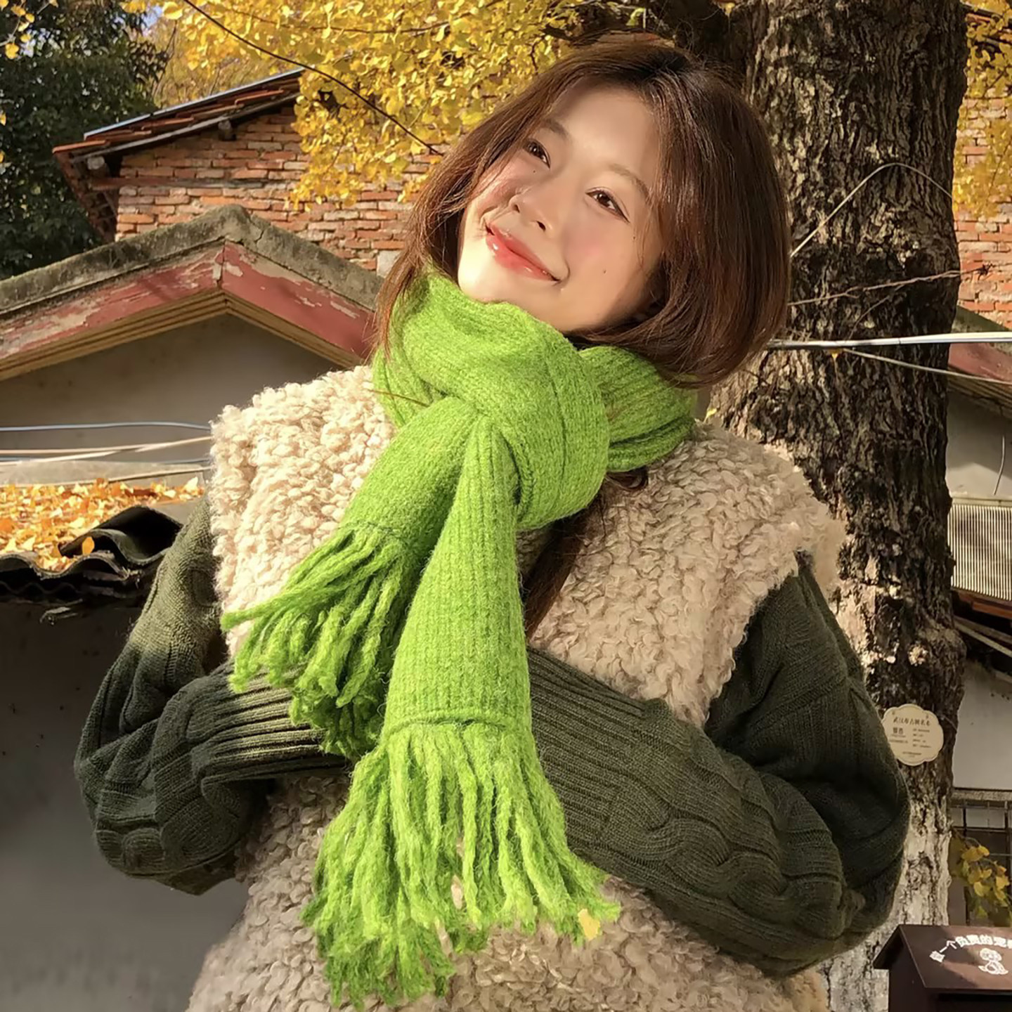 圣诞氛围感！纯色针织毛线流苏围巾女冬季加厚保暖百搭护颈围脖潮