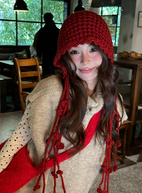 手工编织流苏球球红色针织包头帽女秋冬季保暖护耳显脸小毛线帽子
