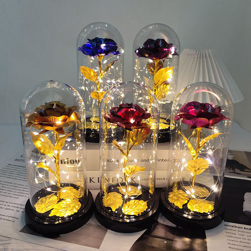 金箔玫瑰花永生花玻璃罩摆件生日礼物母亲节礼品七夕情人节小夜灯